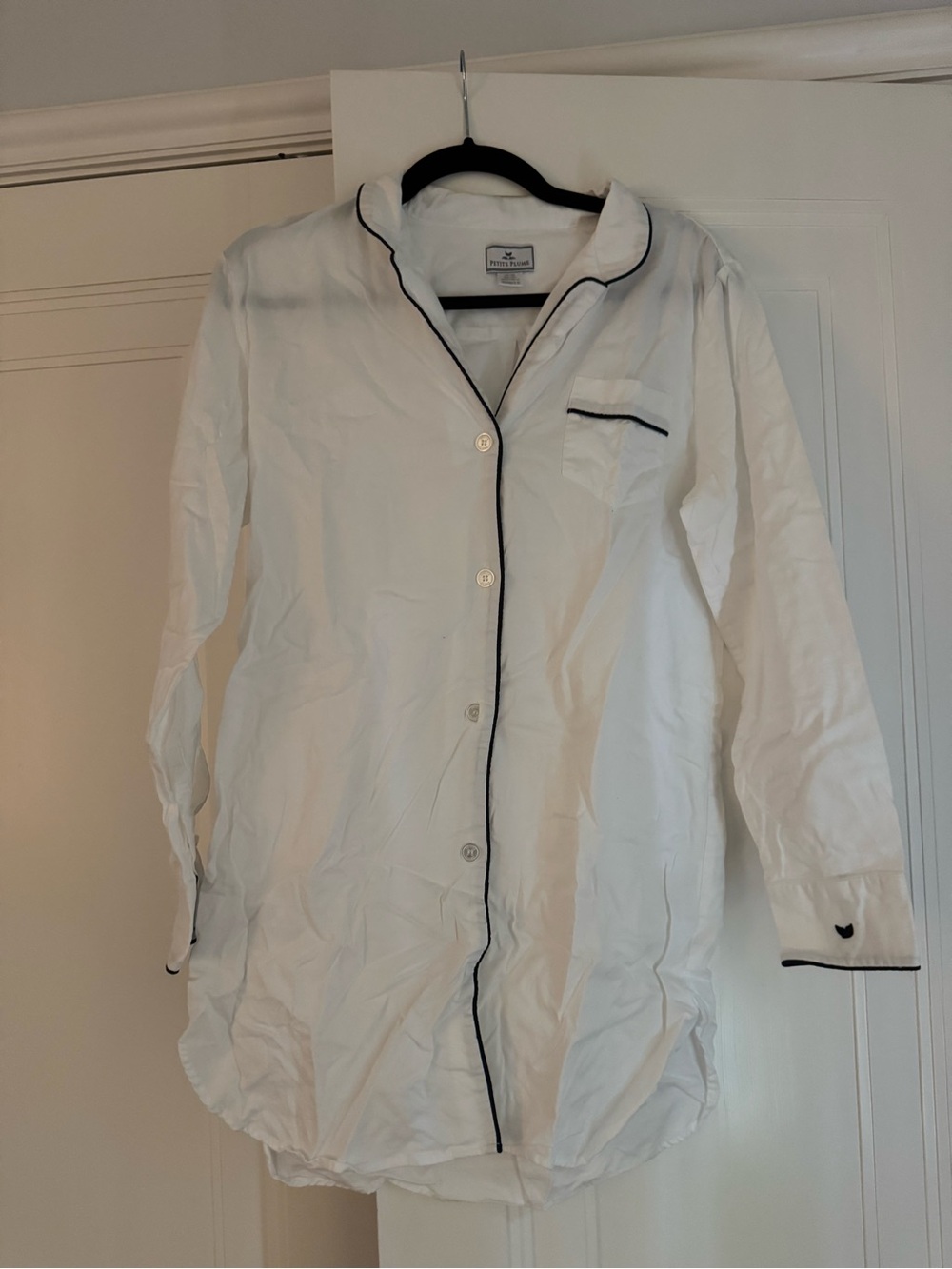 Sleepytime Women's White Button-Front Pajama Shirt Dress with Black Trim